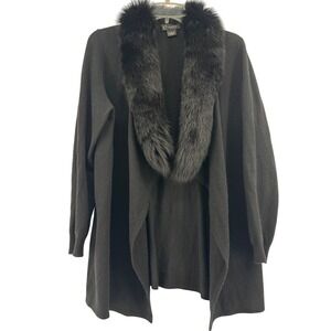C by Bloomingdale's Cashmere Cardigan Women Medium Black Fox Fur Trim Open Front